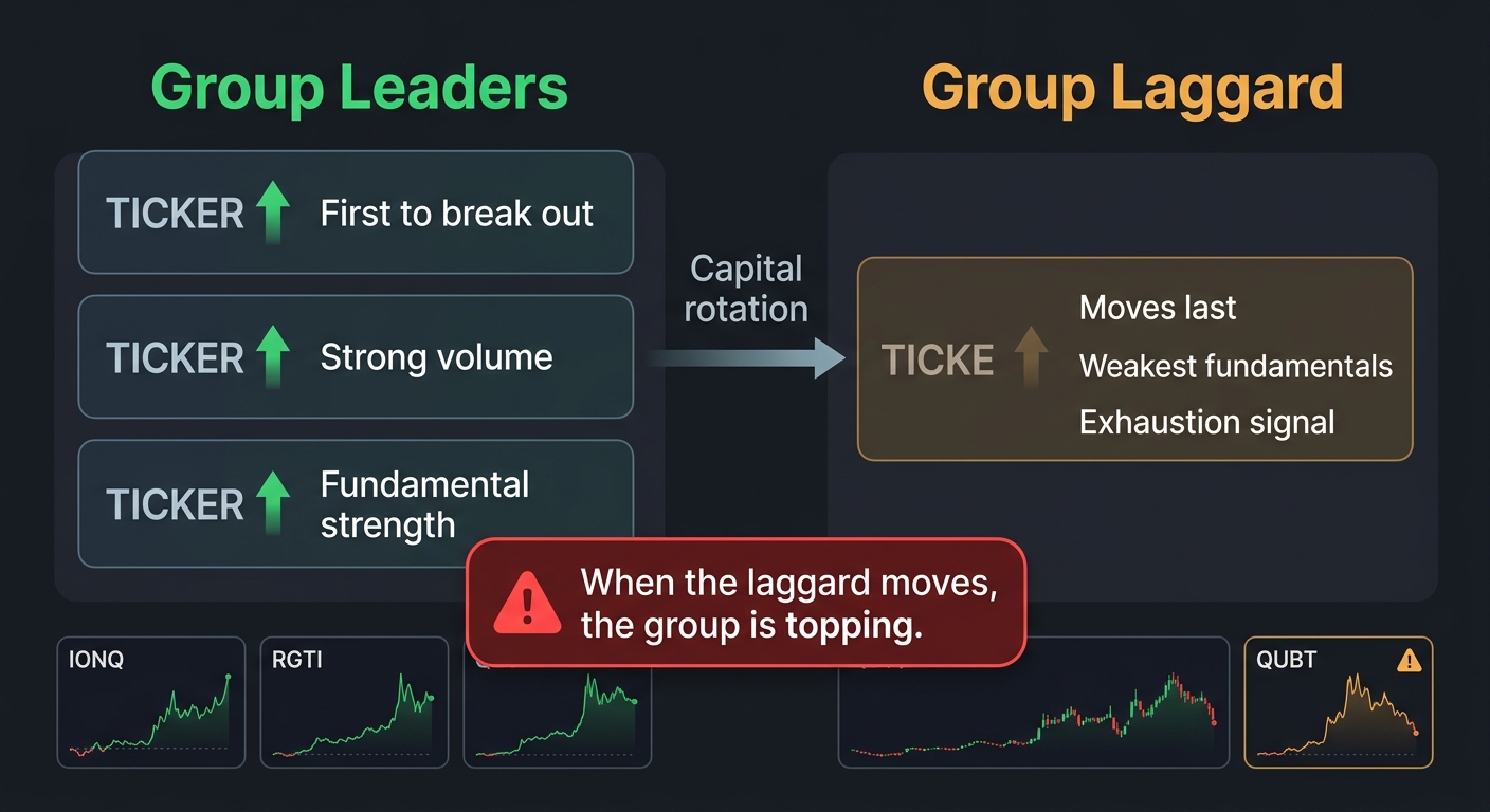 Schema comparing group leader stocks versus the group laggard, illustrating how a laggard finally moving signals potential group exhaustion