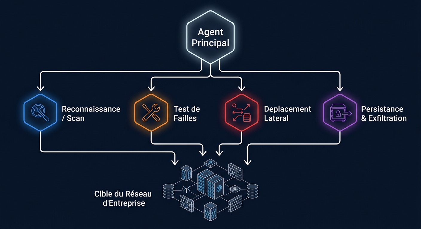 Diagramme d'un essaim d'agents IA attaquant un réseau cible avec des agents spécialisés en reconnaissance, test de failles, déplacement latéral et exfiltration