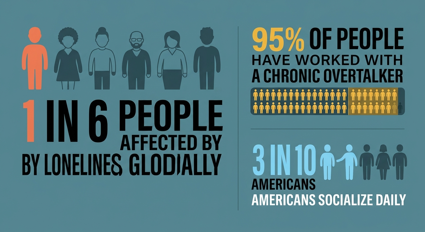 Infographic displaying key statistics on loneliness, overtalking, and daily socialization rates in America
