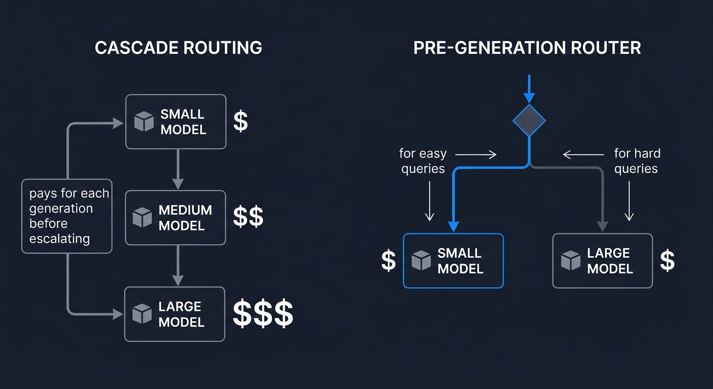 Flow diagram comparing cascade routing versus pre-generation routing, showing how a lightweight router sends queries directly to the appropriate model size without paying for intermediate generations