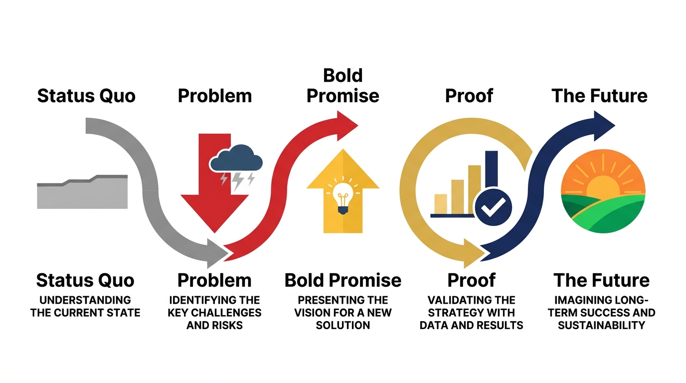 Flow diagram illustrating a five-step persuasive narrative arc from status quo to a bold future vision