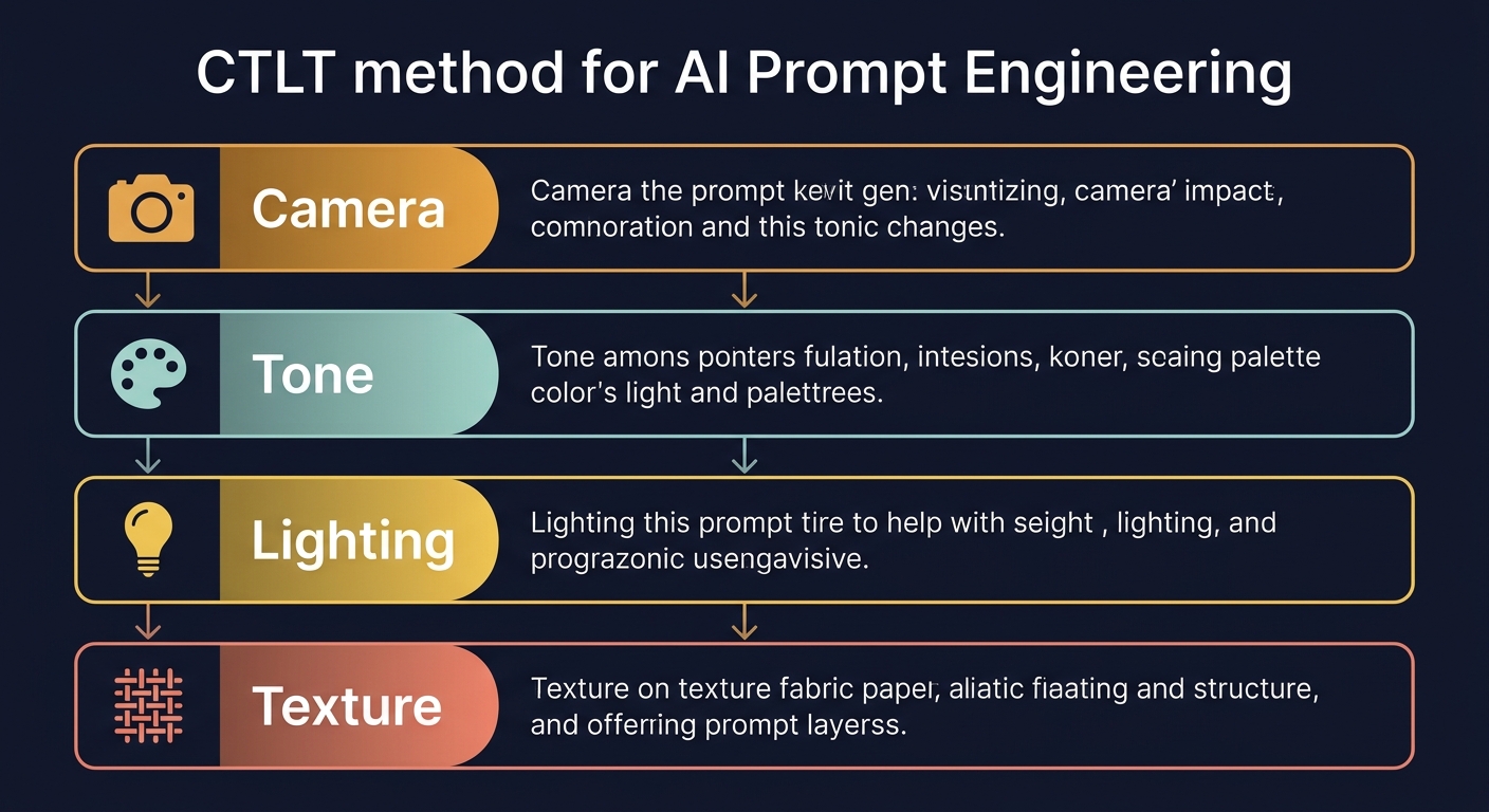 Infographic showing the CTLT method: Camera, Tone, Lighting, and Texture as four sequential layers for AI prompt engineering