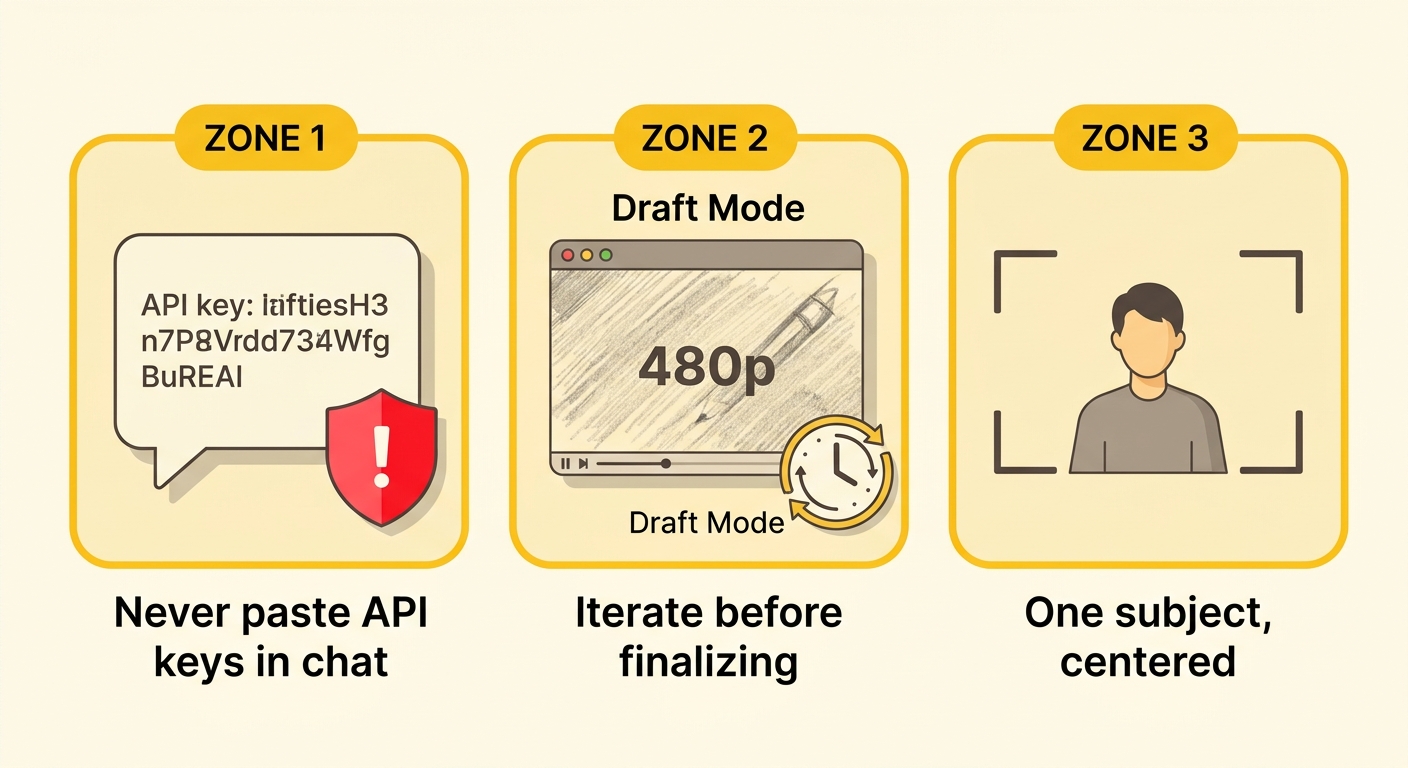 Three common pitfalls illustrated: exposing API keys in chat, skipping draft mode iteration, and using multi-subject scenes that confuse facial tracking