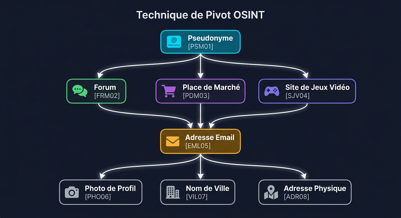 Diagramme de flux illustrant la technique du pivot OSINT : d'un pseudonyme vers une identité complète