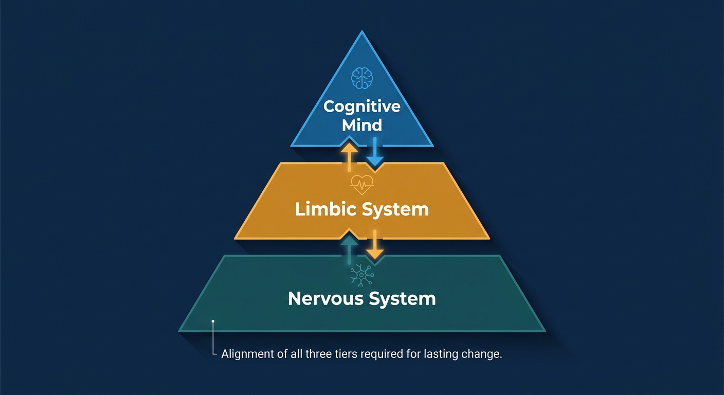 Three-tier pyramid diagram showing the Cognitive Mind, Limbic System, and Nervous System as integrated levels required for permanent behavioral change