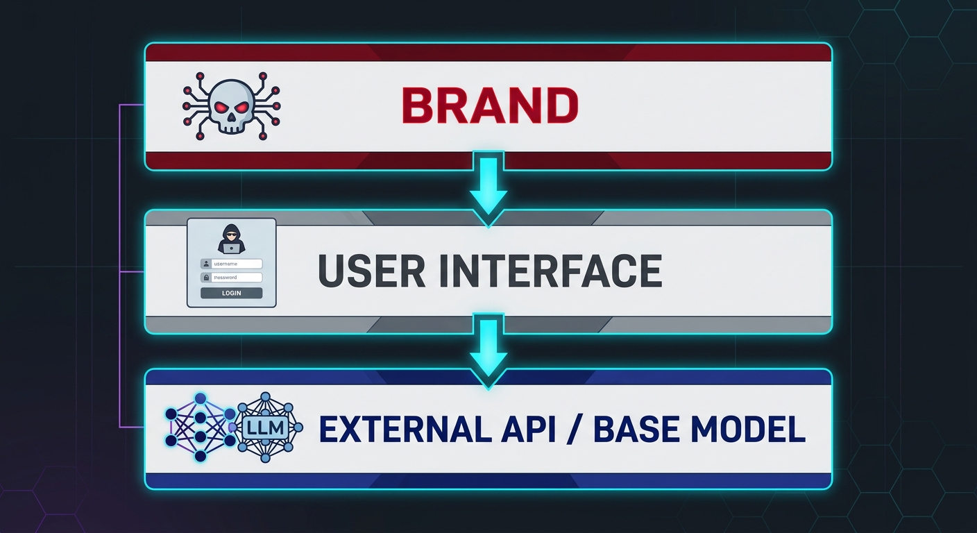 Three-layer architecture diagram of criminal AI tools showing Brand, Interface, and External API stacked vertically