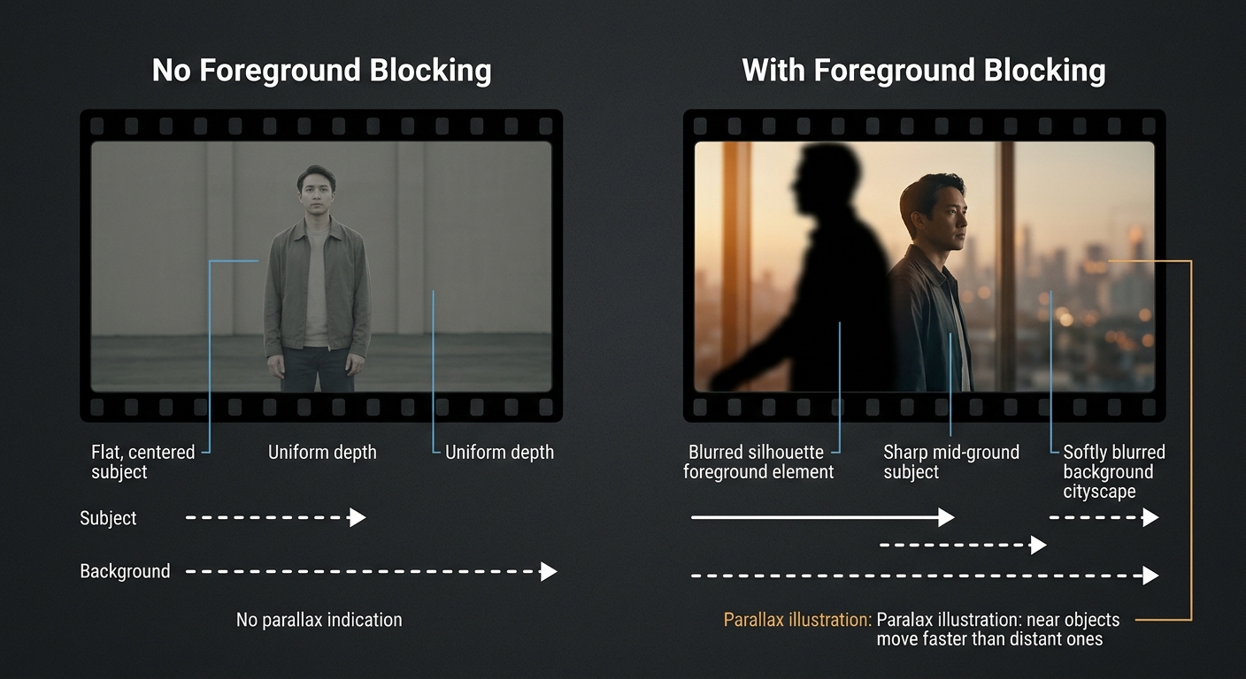 Diagram comparing a flat AI-generated frame with no foreground element versus a frame using foreground blocking to create parallax depth