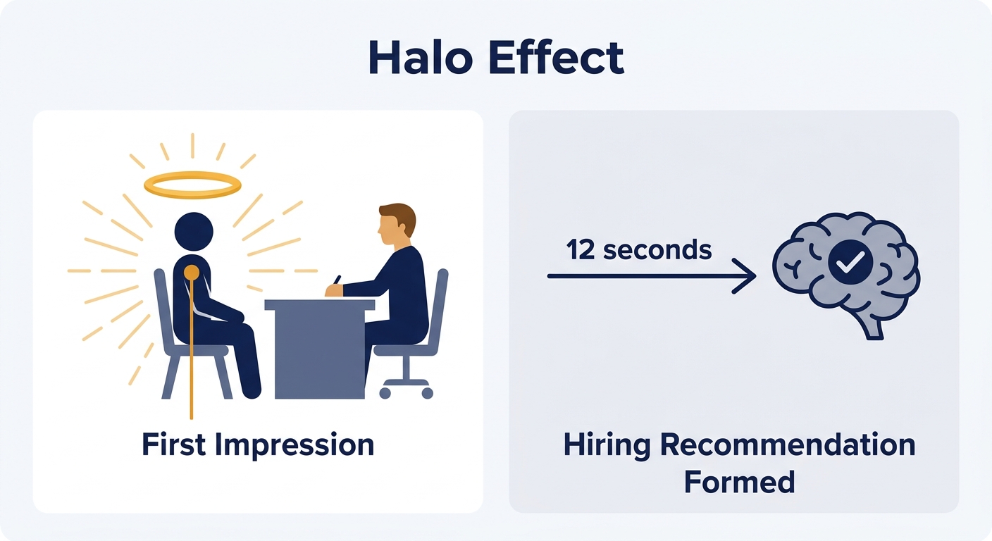 Infographic showing the Halo Effect in job interviews, where a positive first impression within 12 seconds shapes the entire hiring recommendation