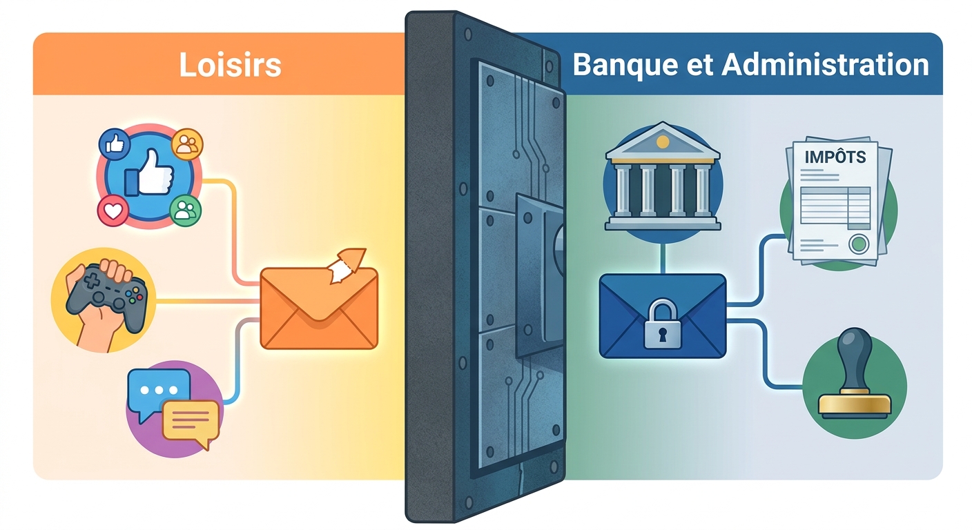Illustration conceptuelle de la compartimentation des identités numériques : une adresse email pour les loisirs, une autre sécurisée pour les usages bancaires et administratifs
