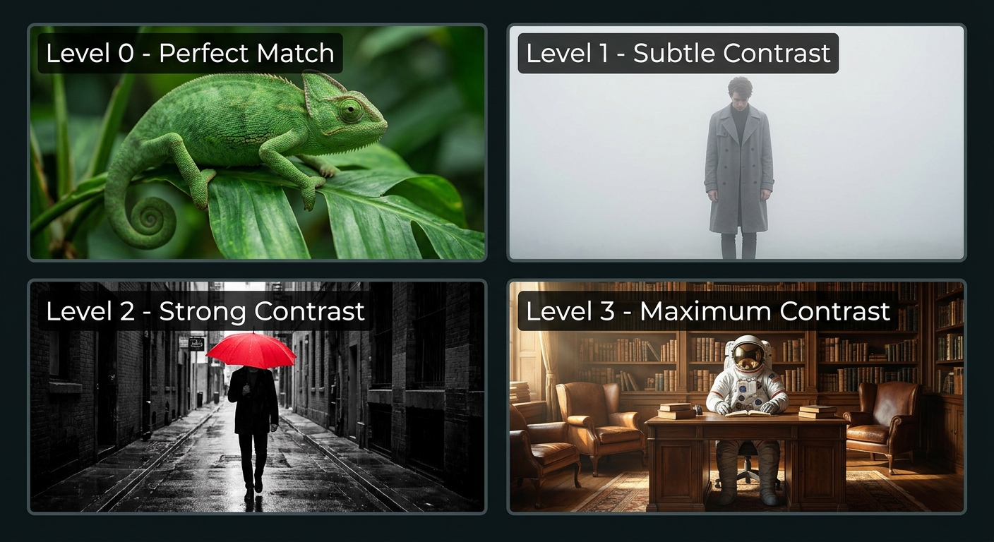 Concept art grid showing four contrast levels between subject and environment used as a creative ideation framework for AI video prompting