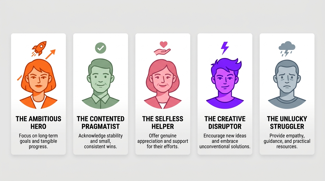 Infographic showing five self-narrative archetypes: Ambitious Hero, Contented Pragmatist, Selfless Helper, Creative Disruptor, and Unlucky Struggler