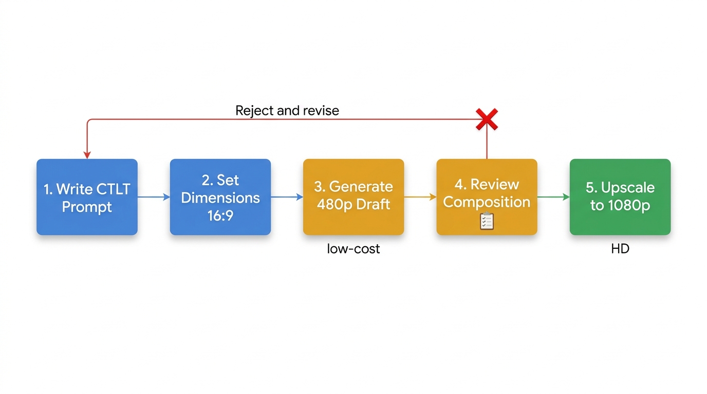 Flowchart schema of the draft-to-upscale AI video pipeline from prompt writing through 480p draft review to final 1080p upscale