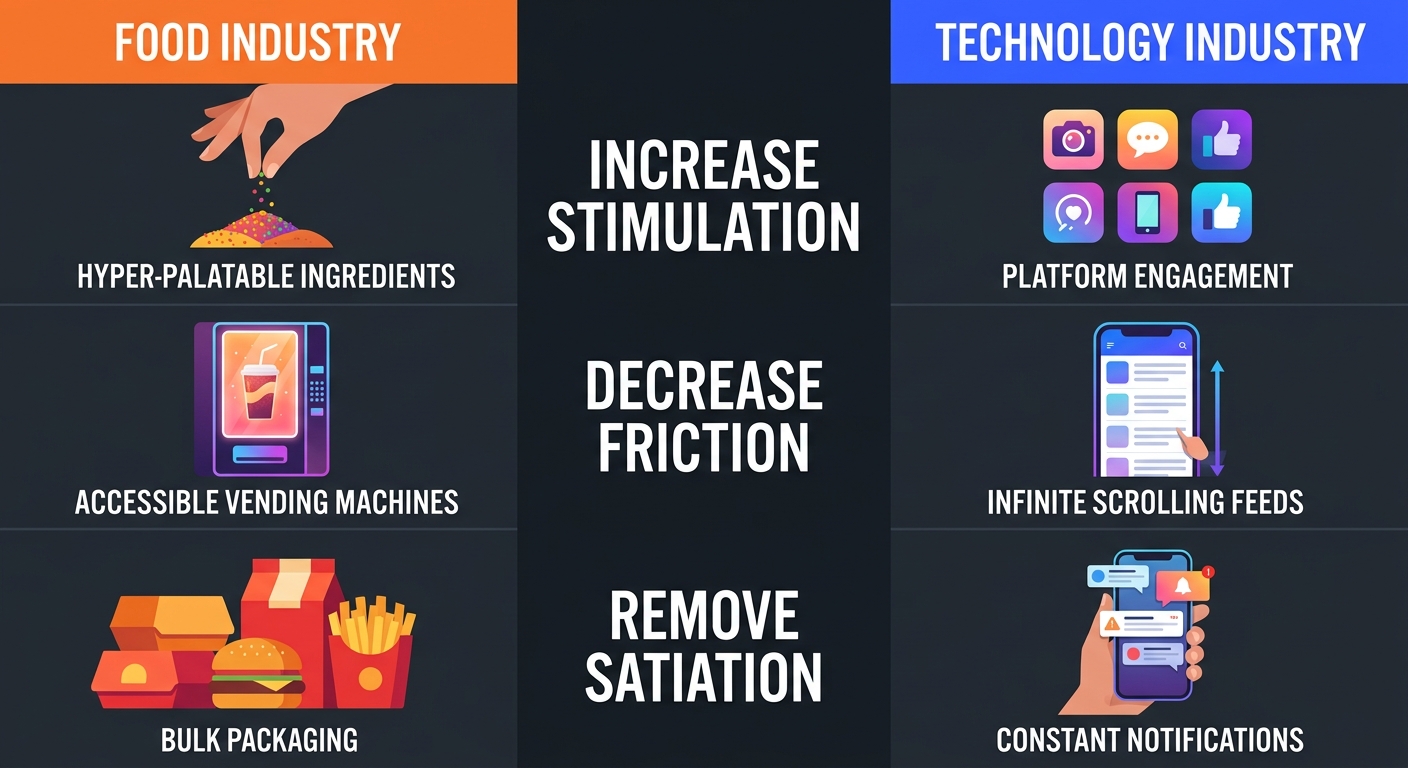 Infographic comparing how the food industry and tech industry use the same 3-part framework to hijack human behavior through stimulation, friction reduction, and satiation removal