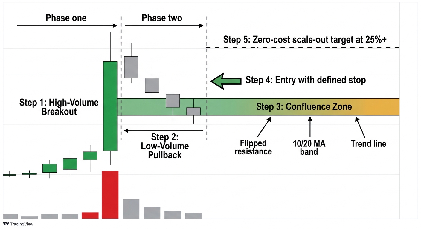 Annotated stock chart diagram showing the five-step sequence from high-volume breakout through low-volume pullback to confluence zone entry
