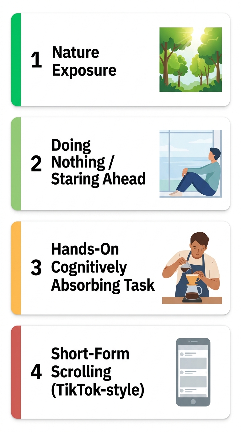 Ranked infographic from a 2024 Nature paper showing the best to worst types of brain breaks, from nature exposure at the top to short-form social media scrolling at the bottom