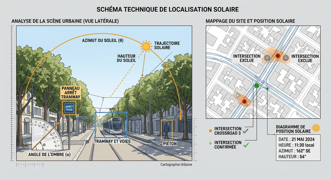 Schéma en deux volets montrant l'analyse d'indices visuels dans une photo urbaine et la triangulation cartographique pour identifier une intersection précise