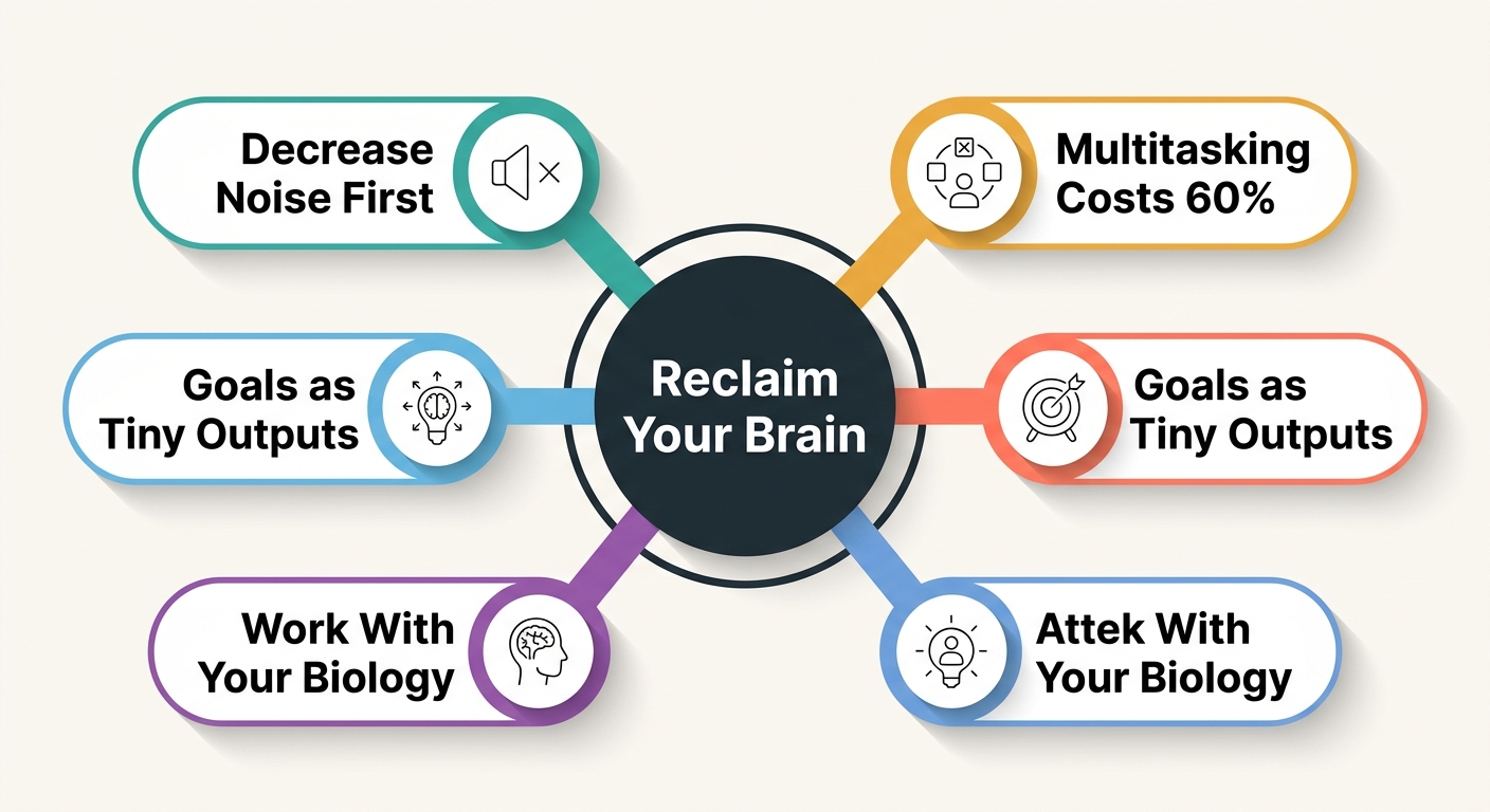 Radial schema diagram summarizing the 5 key takeaways from the episode: decrease noise, multitasking costs, output-based goals, biology-aligned work, and attention as personal and civilizational agency