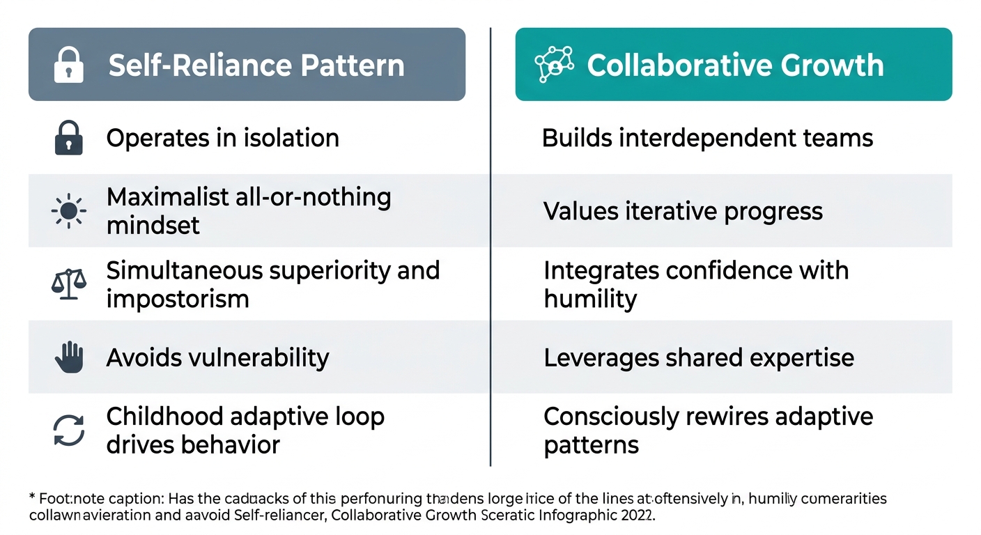 Two-column infographic comparing the traits of the Self-Reliance Pattern against Collaborative Growth leadership behaviors