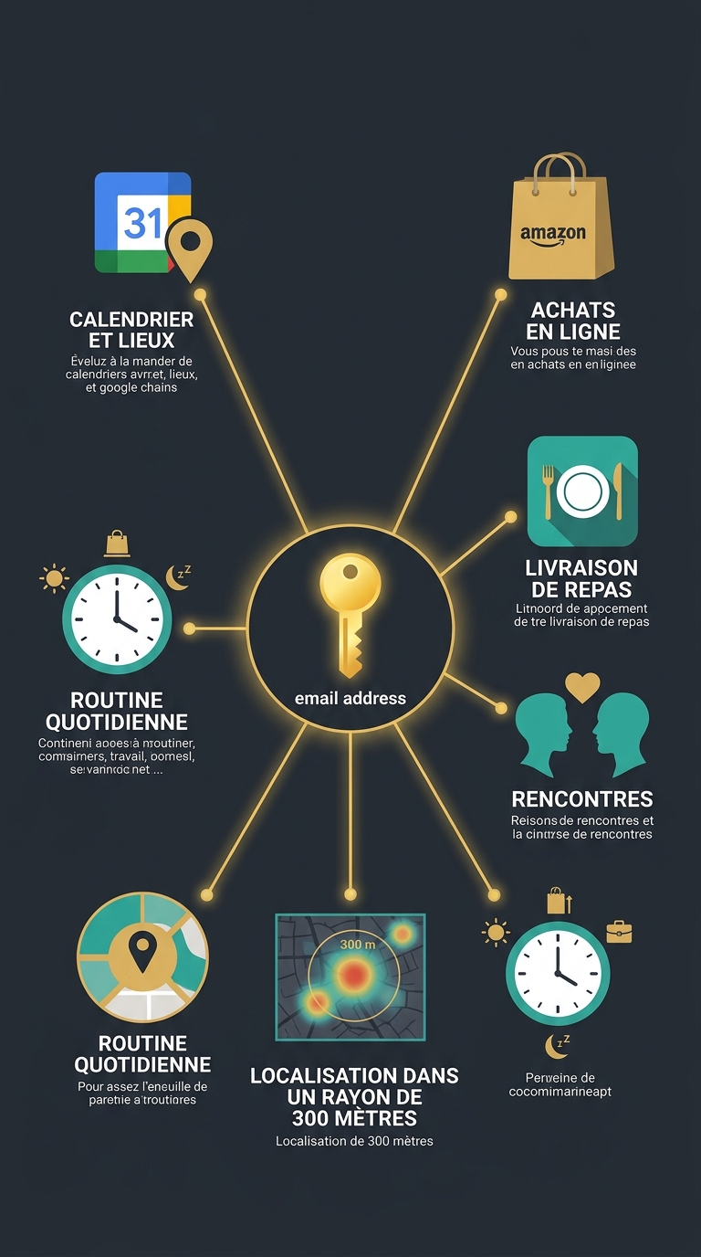 Infographie montrant comment une adresse email relie de multiples services en ligne et révèle les habitudes de vie d'un individu