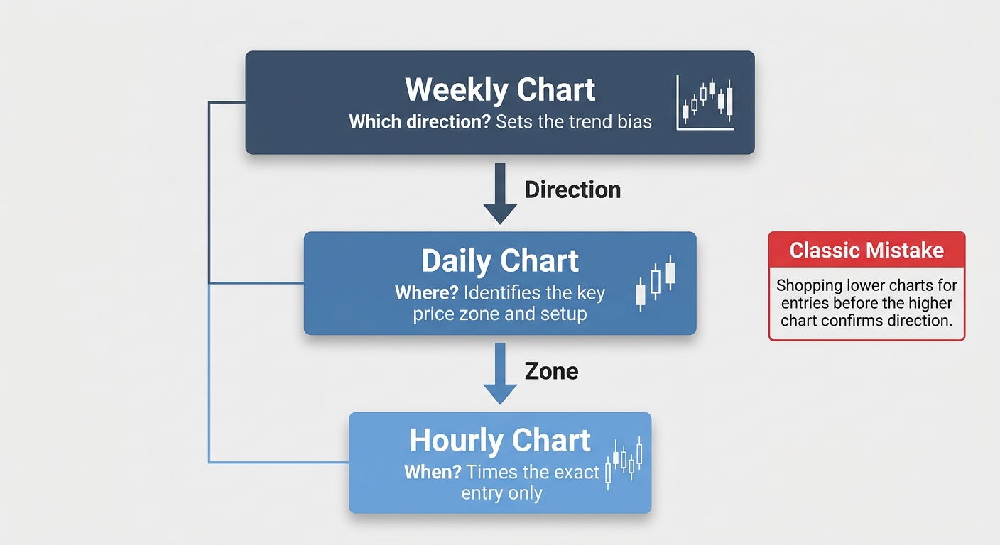 Top-down schema showing weekly chart setting direction, daily chart identifying the zone, and hourly chart timing the entry