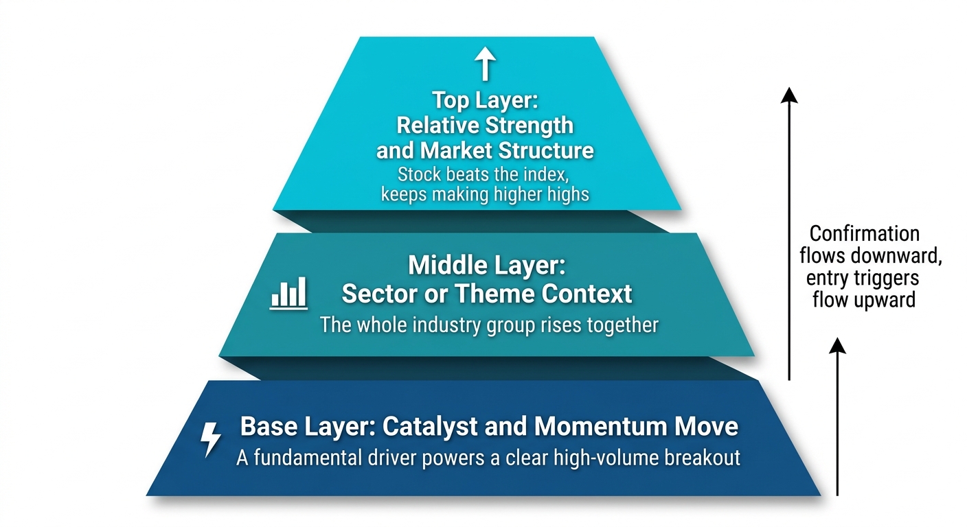 Three-layer pyramid diagram showing catalyst and momentum at the base, sector context in the middle, and relative strength at the top