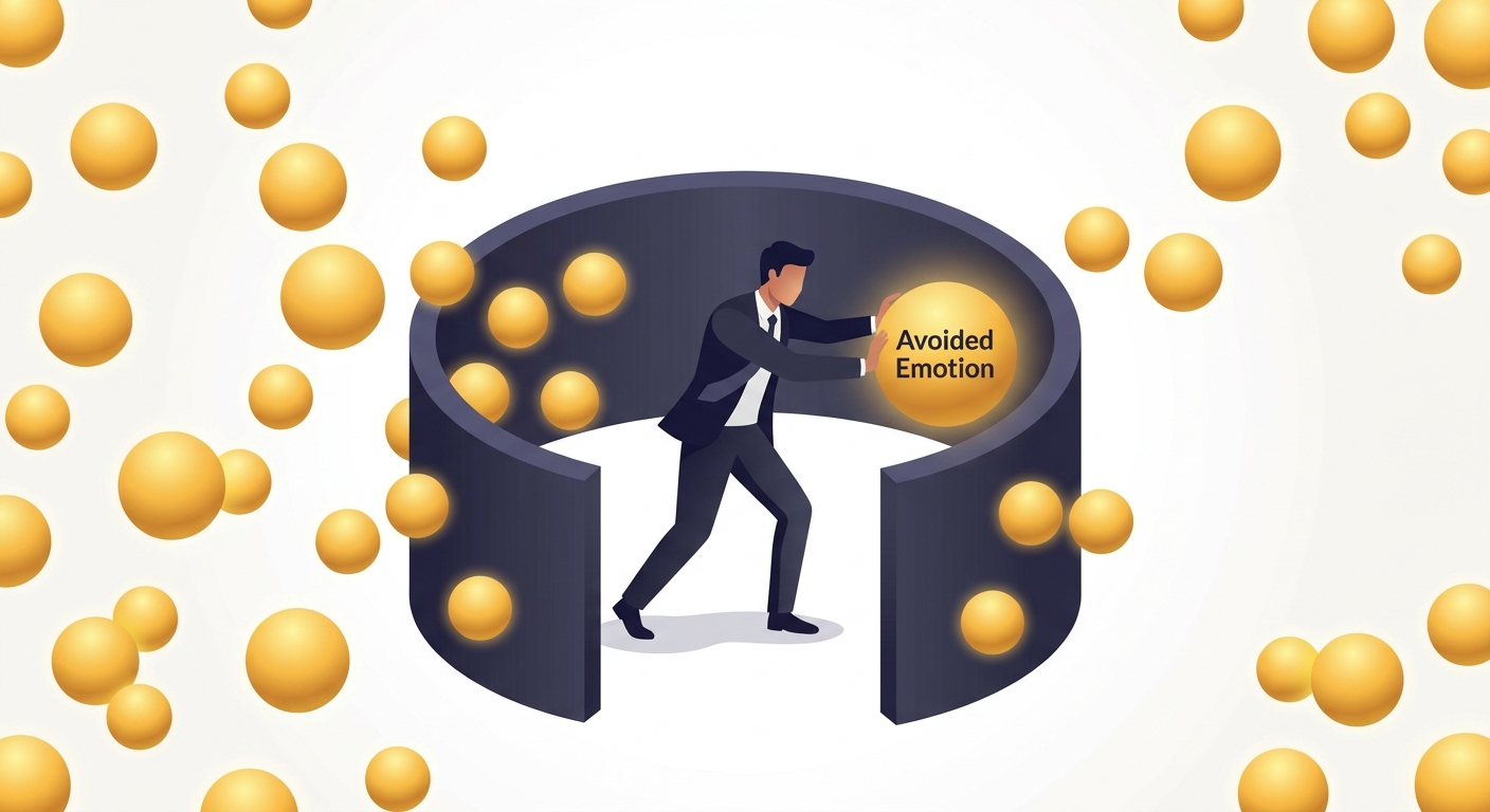 Conceptual illustration of a person trying to repel glowing emotional orbs, while more orbs are magnetically drawn inward, representing the avoidance paradox