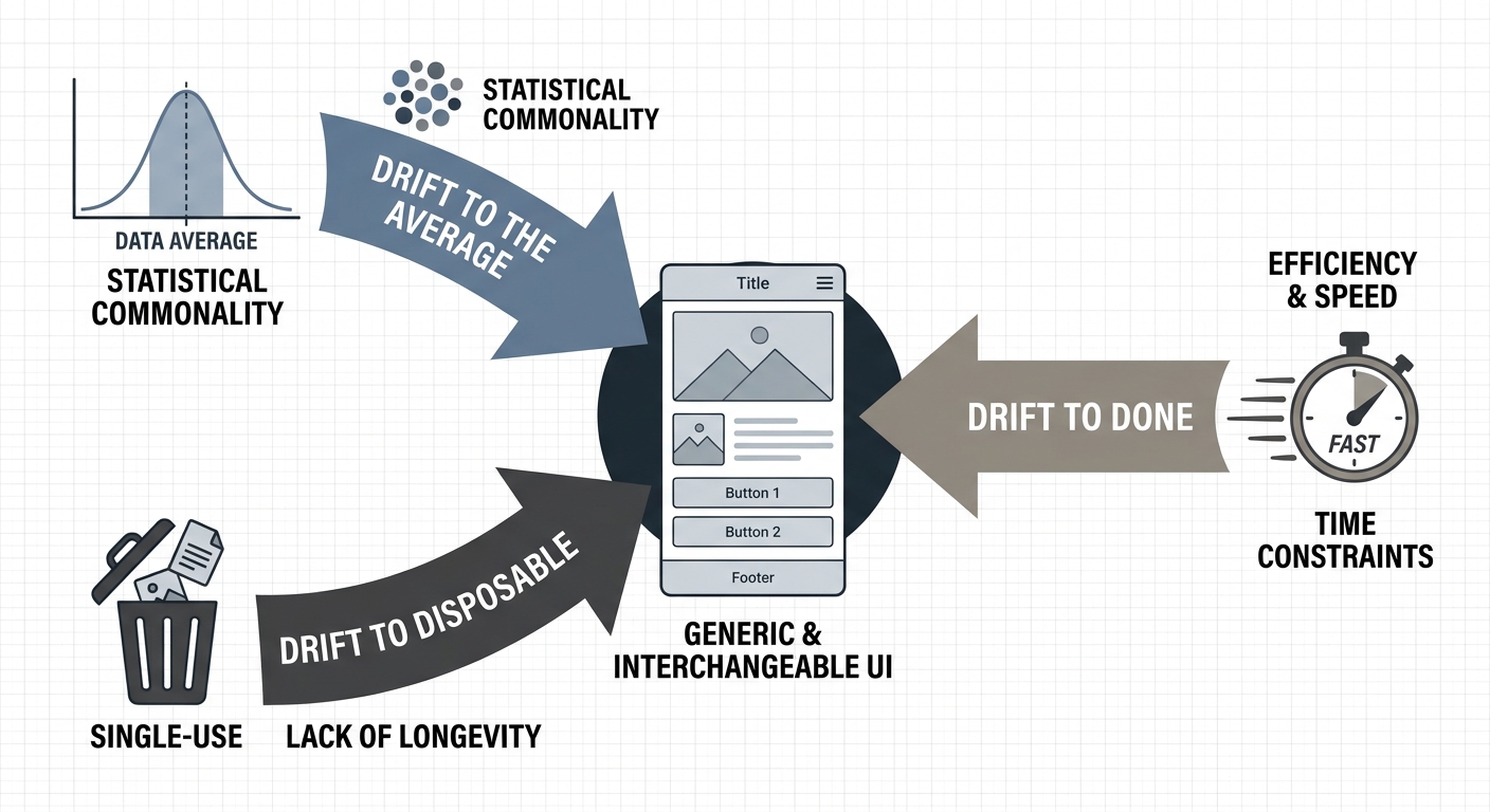 Diagram showing three forces — drift to the average, drift to done, and drift to disposable — converging on a generic AI-generated UI wireframe