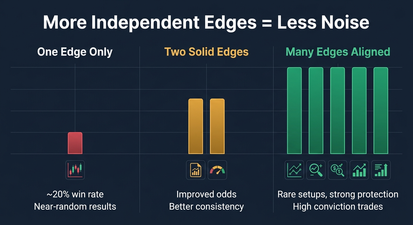 Infographic comparing single-edge, two-edge, and multi-edge trading approaches showing win rate and protection tradeoffs