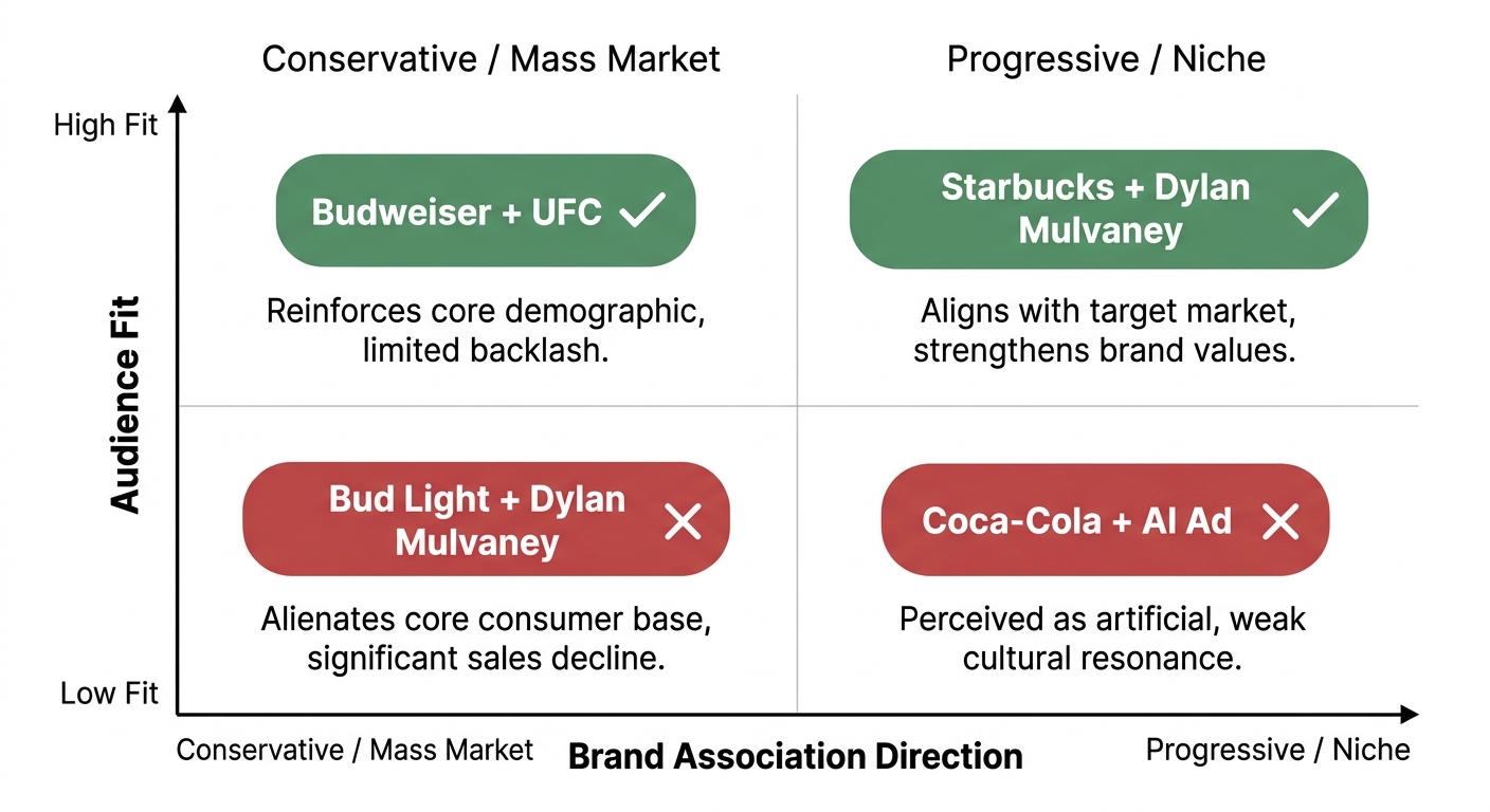 2x2 matrix showing brand association fit examples including Bud Light, Budweiser, Coca-Cola, and Starbucks case studies