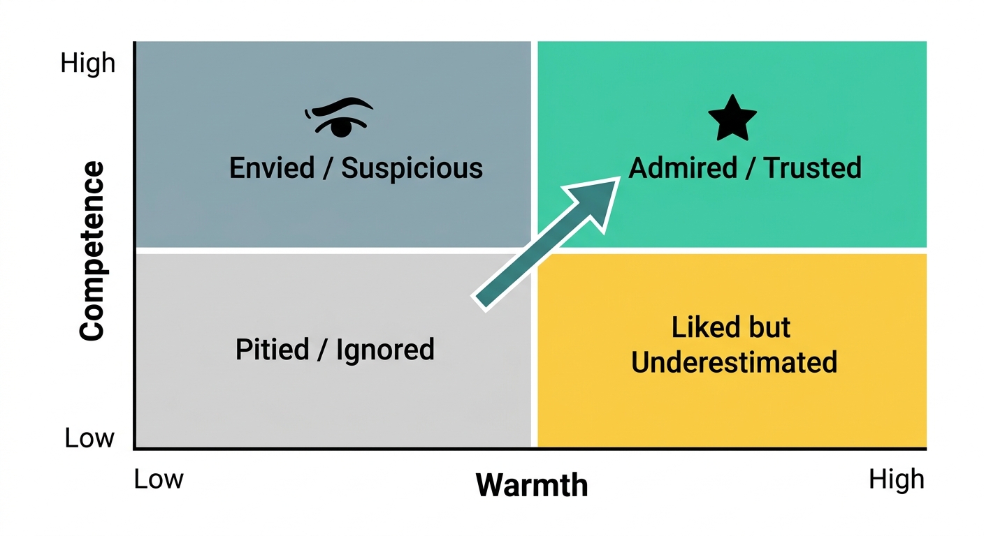 Two-by-two matrix showing how combinations of warmth and competence create different social impressions, with high warmth plus high competence in the ideal quadrant