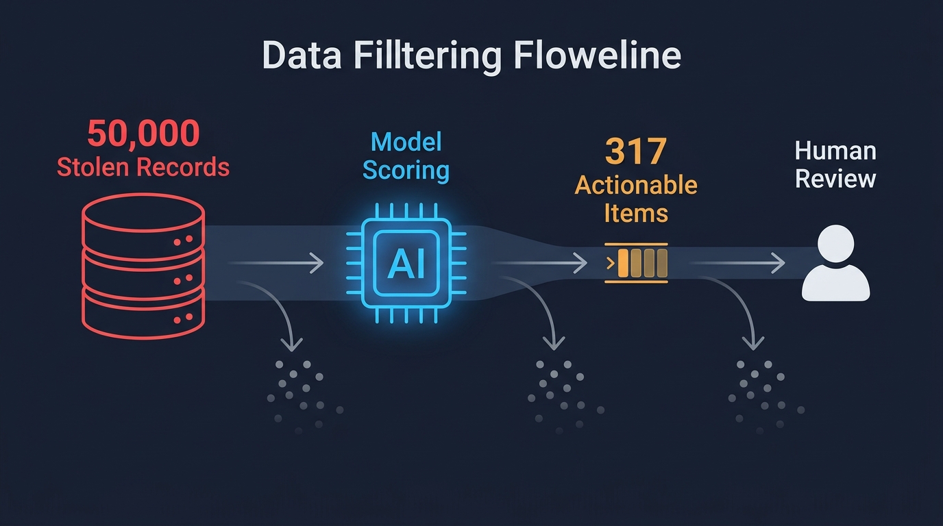 Flowchart showing AI model filtering 50,000 stolen records down to 317 actionable items for human review