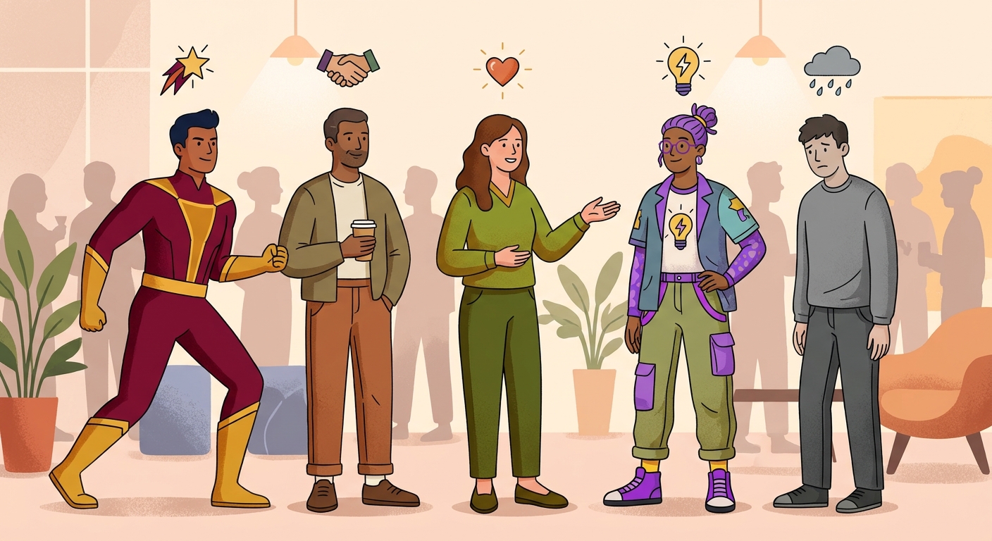 Illustrated lineup of the five conversational archetypes: the ambitious hero, contented pragmatist, selfless helper, creative disruptor, and unlucky struggler