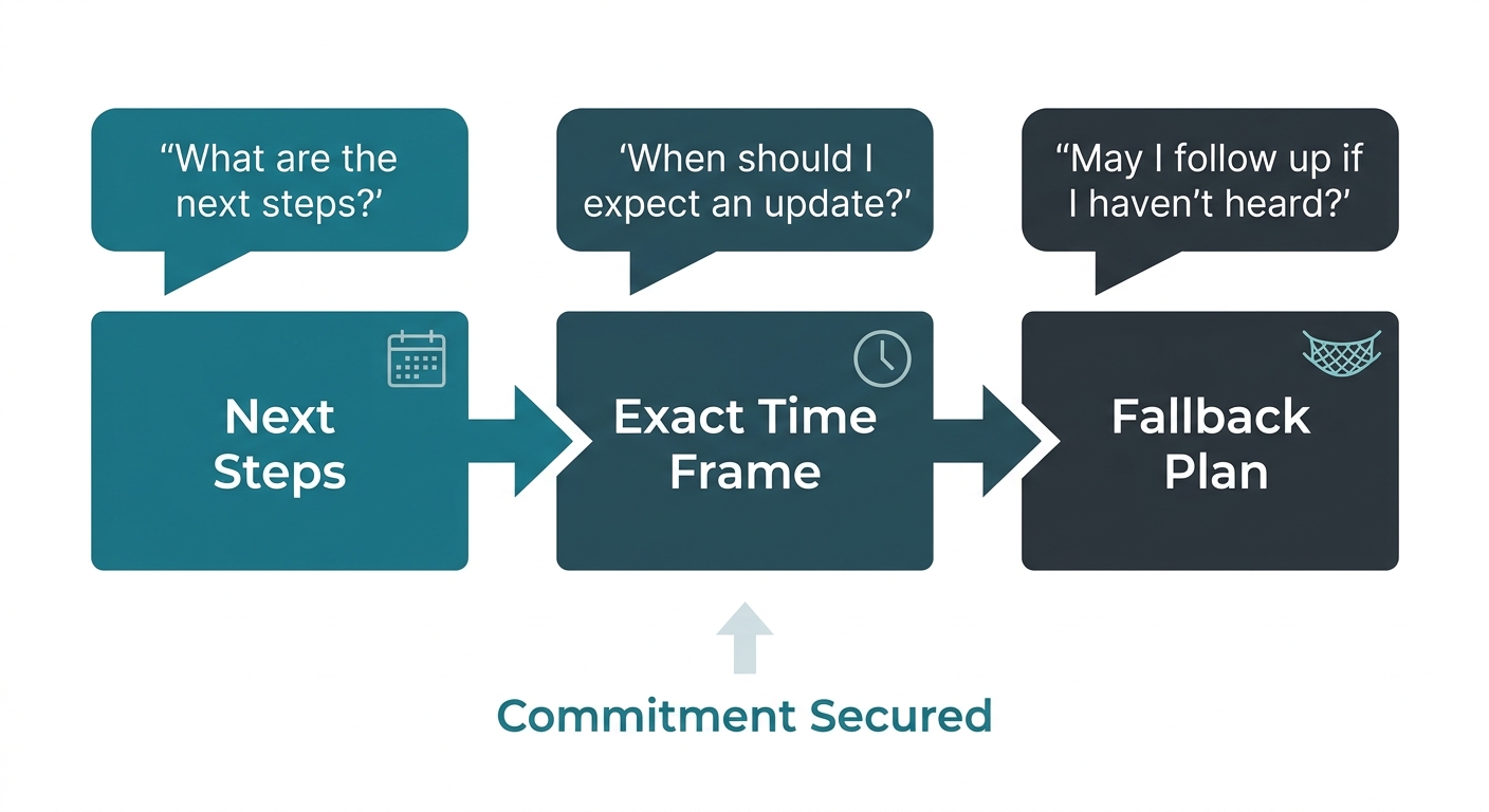 Three-step flow diagram for closing a job interview using the commitment principle: securing next steps, an exact time frame, and a fallback follow-up plan