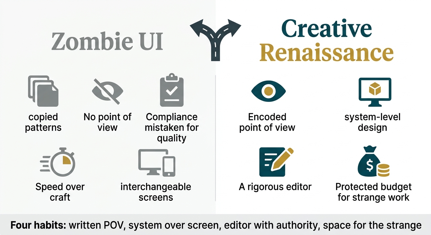 Infographic contrasting the zombie UI path featuring copied patterns and no editorial bar against the creative Renaissance path featuring an encoded point of view, system-level design, rigorous editing, and protected budget for strange work