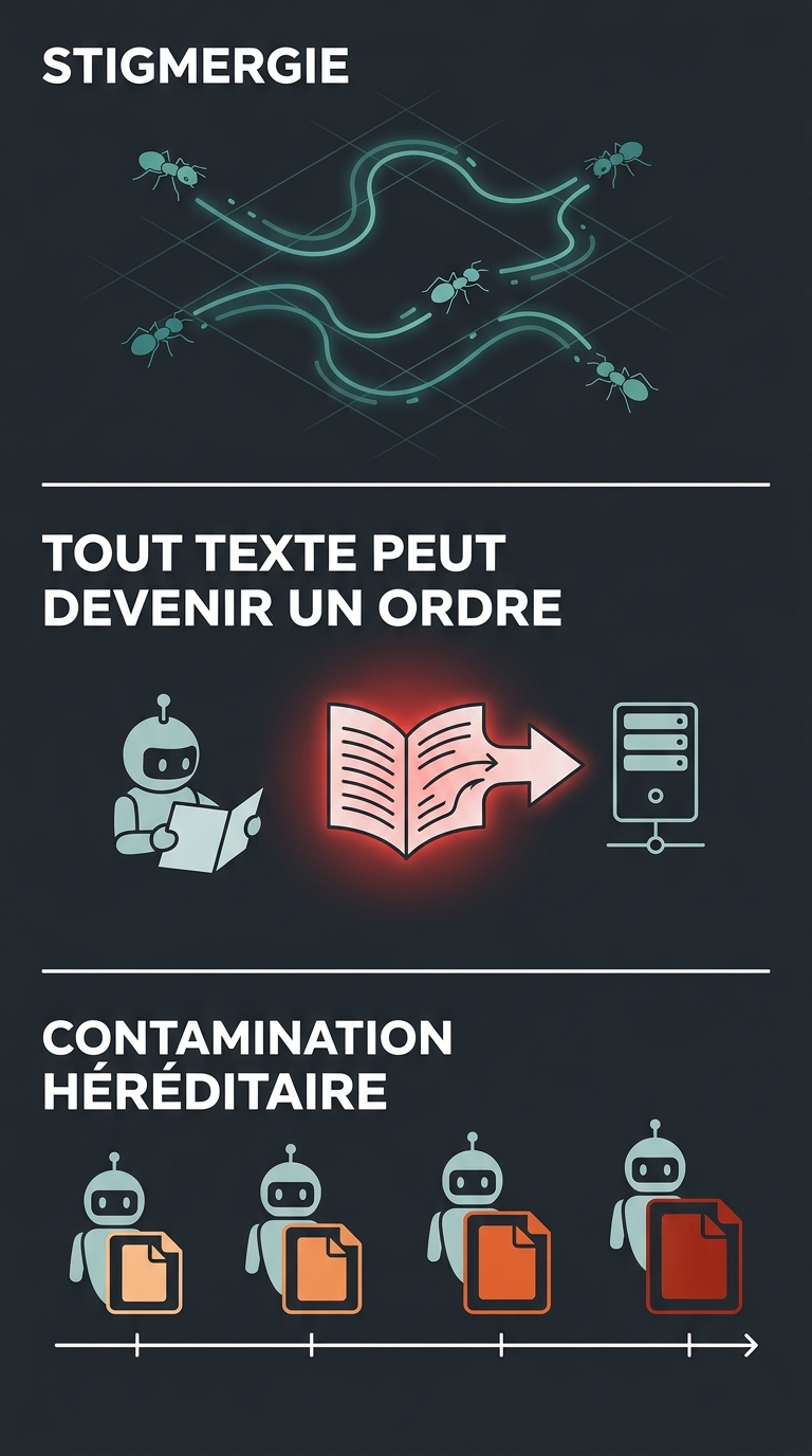 Schéma des trois principes clés de la cyberdéfense agentique : stigmergie, confusion texte-ordre, et contamination héréditaire par la mémoire