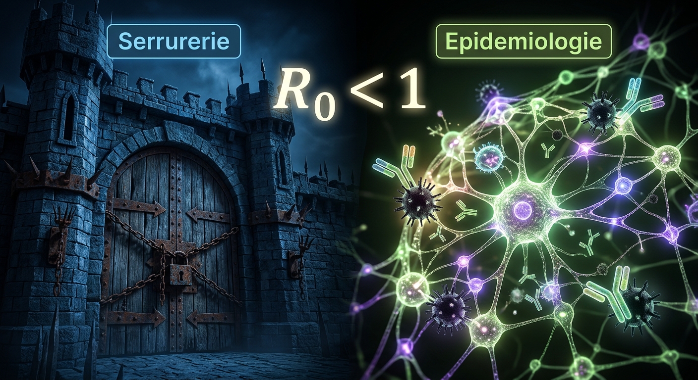 Illustration conceptuelle du changement de paradigme en cybersécurité : de la logique de forteresse imprenable à une approche épidémiologique et immunologique avec un R0 inférieur à 1