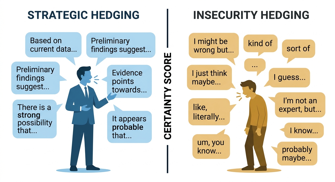 Infographic comparing strategic linguistic hedging versus insecurity hedging in public speaking