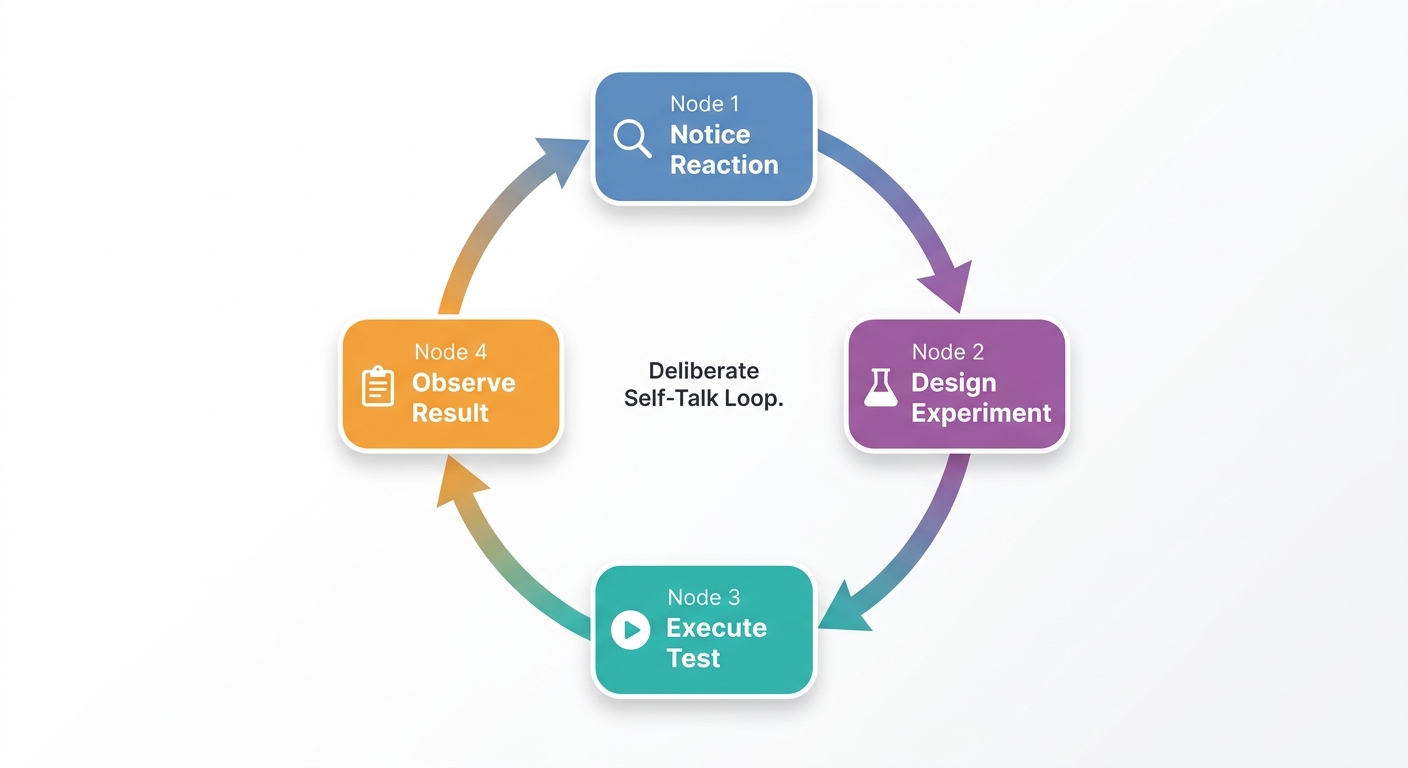 Circular four-step flowchart showing the continuous self-talk regulation cycle: Notice Reaction, Design Experiment, Execute Test, and Observe Result