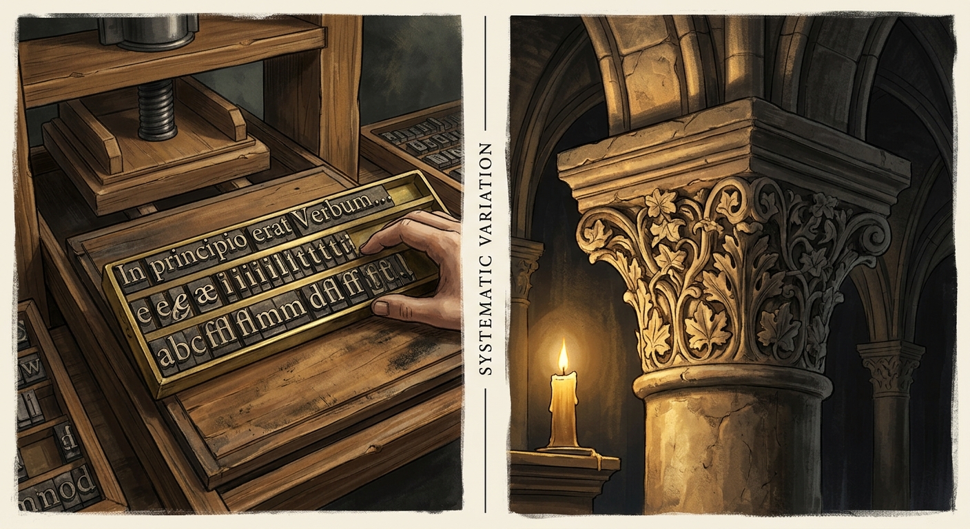 Split illustration comparing Gutenberg's varied movable type sorts on the left with uniquely carved gothic stone column capitals on the right, both demonstrating intentional variation within a system