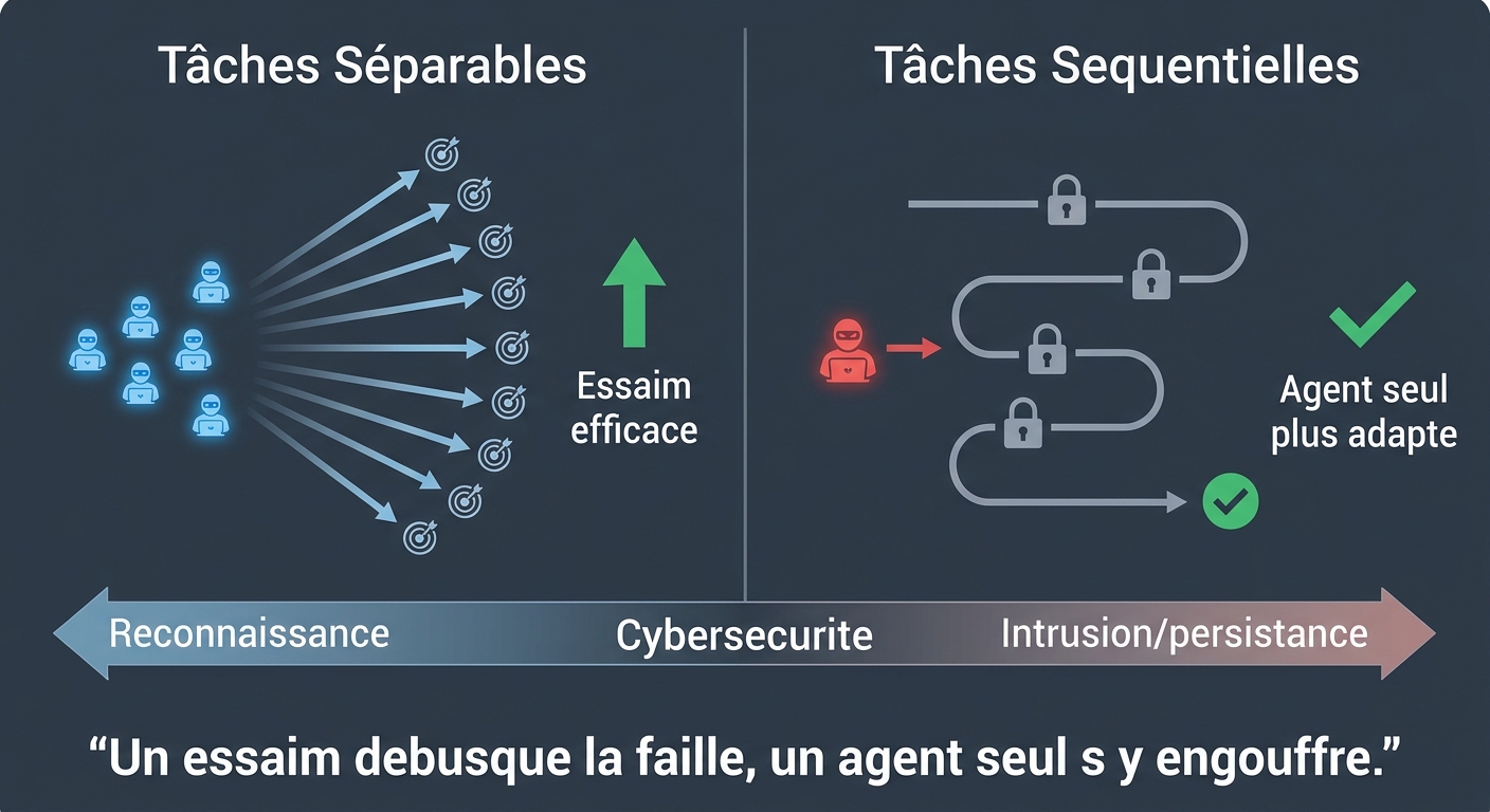 Comparaison entre l'efficacité d'un essaim d'agents IA sur des tâches séparables versus un agent unique sur des tâches séquentielles, appliqué à la cybersécurité