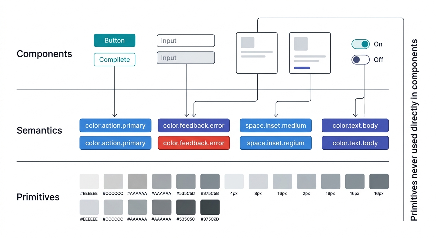 Schema of a three-layer design token architecture: primitives at the bottom, semantic intent-named tokens in the middle, and components consuming the semantic layer at the top